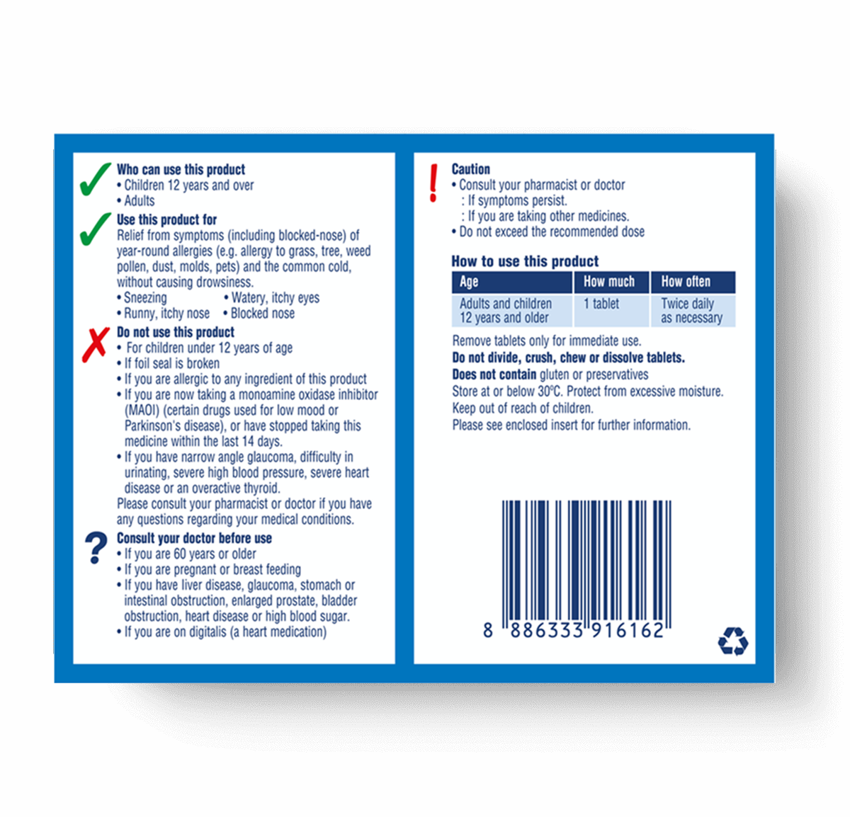 reverse view of Claritin-D 12 hour tablets package