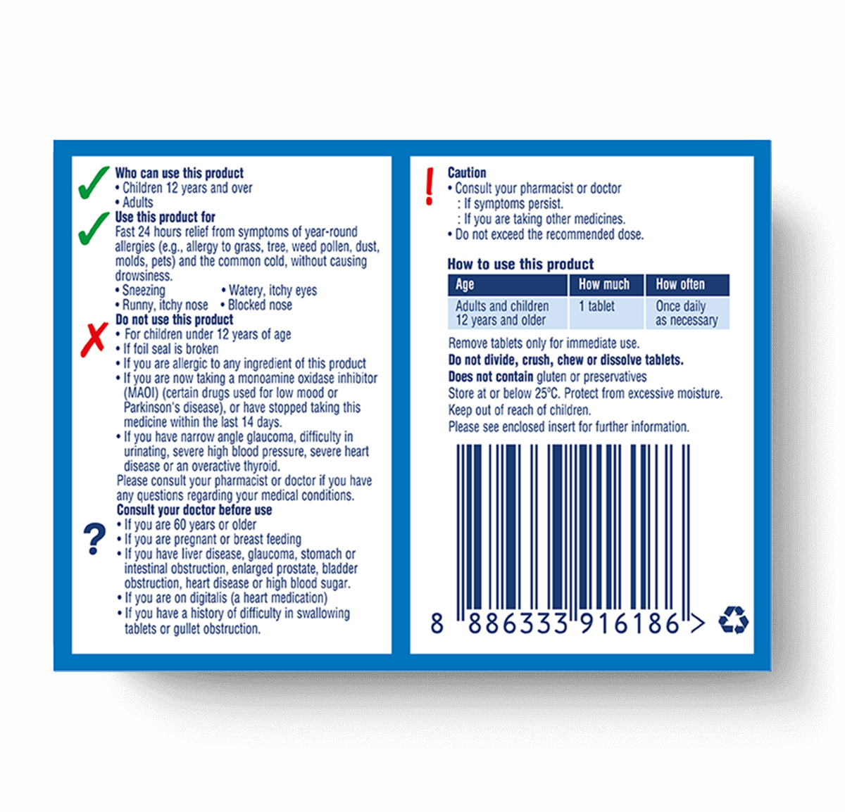 reverse view of Clarityn-D 24 hour tablets package